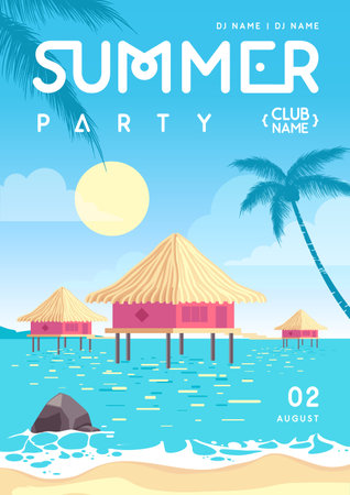 Summer disco party poster with ocean waves, beach, palm trees and bungalow. Vector illustrationのイラスト素材