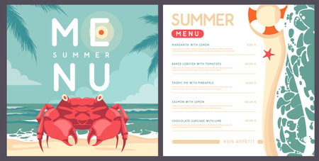 Vintage summer menu design with top view ocean waves, sand beach, crab and palm leaves. Vector illustrationのイラスト素材