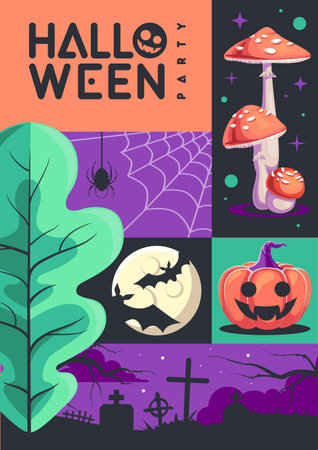 Halloween  flat party poster with fly agaric, full moon, bat, halloween pumpkin, spider and cemetery. Halloween spooky background. Vector illustrationのイラスト素材