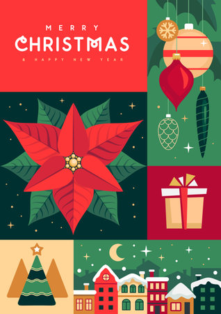 Merry Christmas and Happy New Year greeting card, cover or poster with holiday attributes. Christmas background. Flat design. Vector illustrationのイラスト素材