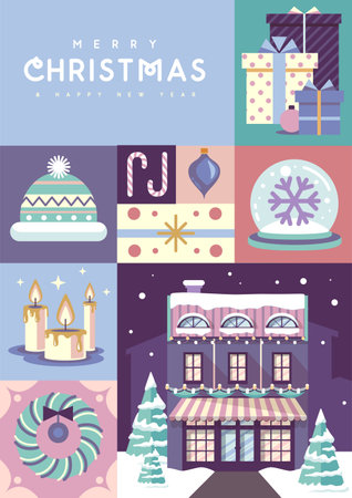 Merry Christmas and Happy New Year greeting card, cover or poster with holiday attributes. Christmas background. Flat design. Vector illustrationのイラスト素材