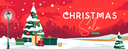 Christmas big sale holiday banner or poster with Christmas tree, gift boxes, winter landscape, city, forest and mountains. Christmas background. Flat design. Vector illustrationのイラスト素材