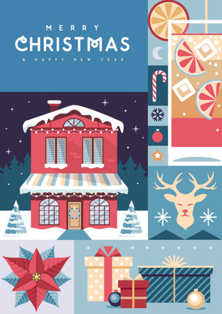 Merry Christmas and Happy New Year greeting card, cover or poster with holiday attributes. Christmas background. Flat design. Vector illustrationのイラスト素材