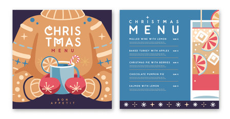 Restaurant Christmas holiday menu design with knitted sweater and hot cup of tea. Vector illustrationのイラスト素材