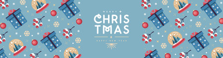 Merry Christmas and Happy New Year greeting banner with holiday attributes. Christmas background. Flat design. Vector illustrationのイラスト素材