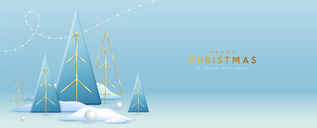 Holiday Christmas showcase blue background with 3d Christmas trees. Abstract minimal scene. Vector illustrationのイラスト素材