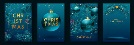 Set of Merry Christmas and Happy New Year holiday greeting cards with 3D colorful ball spheres and Christmas tree. Christmas blue background. Vector illustrationのイラスト素材