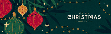 Christmas holiday background, greeting card or banner with Christmas fir tree branches, snowflakes and baubles. Vector illustrationのイラスト素材