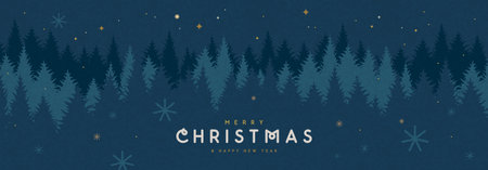 Christmas holiday blue background, greeting card or banner with night fir tree forest. Vector illustrationのイラスト素材