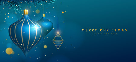 Christmas holiday blue background with 3D plastic baubles or toys and Christmas tree branch. Christmas greeting card, poster, banner. Vector illustrationのイラスト素材