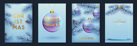 Set of Merry Christmas and Happy New Year holiday greeting cards with 3D colorful ball spheres and Christmas tree. Christmas blue background. Vector illustrationのイラスト素材