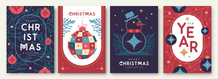 Set of Merry Christmas and Happy New Year greeting cards, covers or posters with holiday attributes. Christmas background. Flat design. Vector illustrationのイラスト素材