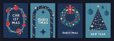 Set of Merry Christmas and Happy New Year greeting cards, covers or posters with holiday attributes. Christmas background. Flat design. Vector illustrationのイラスト素材