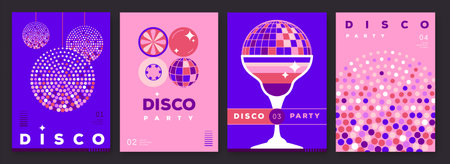 Set of retro disco party posters, covers or banners with disco ball. Disco background. Flat design. Vector illustrationのイラスト素材