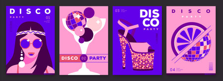 Set of retro disco party posters, covers or banners with disco ball. Disco background. Flat design. Vector illustrationのイラスト素材