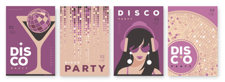 Set of retro disco party posters, covers or banners with disco ball. Disco background. Flat design. Vector illustrationのイラスト素材