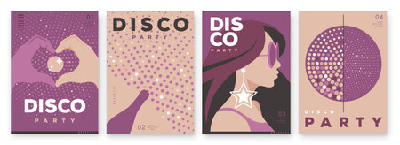 Set of retro disco party posters, covers or banners with disco ball. Disco background. Flat design. Vector illustrationのイラスト素材