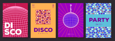 Set of retro disco party posters, covers or banners with disco ball. Disco background. Flat design. Vector illustrationのイラスト素材