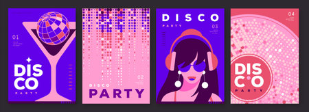 Set of retro disco party posters, covers or banners with disco ball. Disco background. Flat design. Vector illustrationのイラスト素材