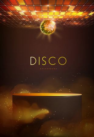 Disco party showcase background with 3d podium, disco ball, neon rainbow square texture and smoke. Disco ball golden background. Vector illustrationのイラスト素材