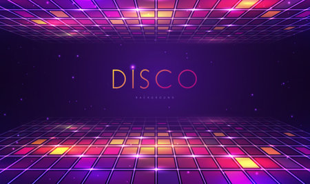 Disco party showcase background with neon rainbow dance floor and ceiling. Disco ball background. Vector illustrationのイラスト素材