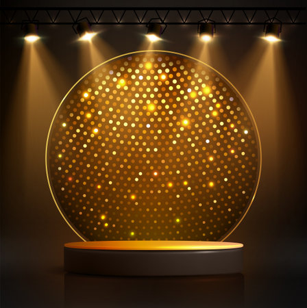 Disco party showcase background with 3d podium, disco ball sequin glitter texture and spot light beams. Disco ball golden background. Vector illustrationのイラスト素材