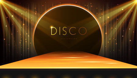 Disco party showcase background with 3d podium, disco neon glitter texture and spot light beams. Disco ball golden background. Vector illustrationのイラスト素材