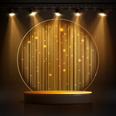 Disco party showcase background with 3d podium, disco neon glitter texture and spot light beams. Disco ball golden background. Vector illustrationのイラスト素材