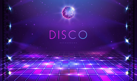 Disco party showcase background with neon dance floor, disco ball and spot light beams. Disco ball background. Vector illustrationのイラスト素材