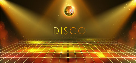 Disco party showcase background with neon dance floor, disco ball and spot light beams. Disco ball...
