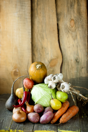 Autumn harvest of potatoes, onions, cabbage, chilli, garlic, pears, carrots, pumpkins, apples on wooden boardsの写真素材