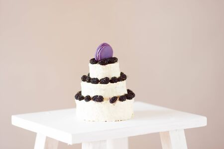 White small cake on three floors decorated  mulberry and purple macaroon on top. Cake covers purple  background.の写真素材