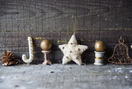 Christmas toys for decoration over wooden background.の写真素材