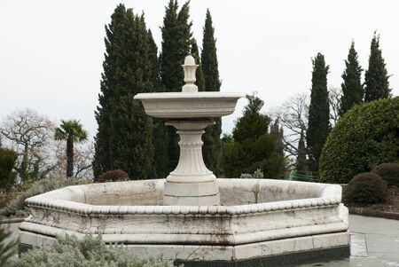 stone old fountain without water on a background of cypress
