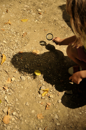 a child with a magnifying glass in forest. の写真素材