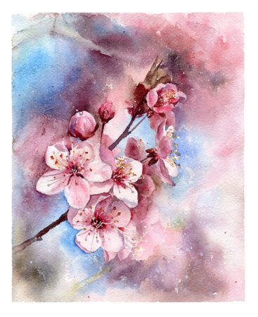 Cheery blossom watercolor postcard hand drawn illustration.の写真素材