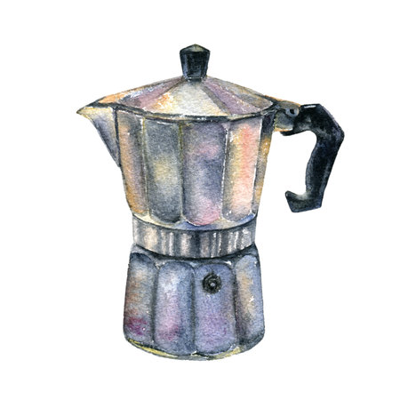 Watercolor illustration of a coffee pot, isolated on a white backgroundの写真素材