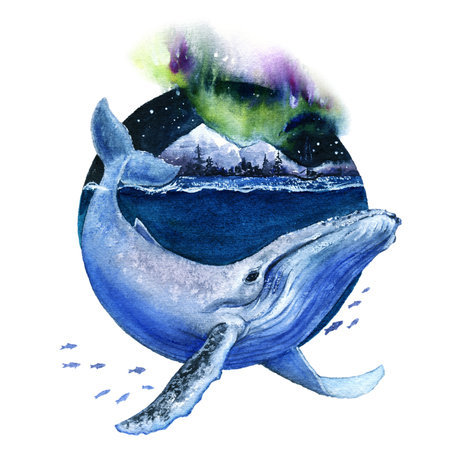 Watercolor fairy tale illustration of a blue whale with a background of ocean, mountains and northern lights.の写真素材