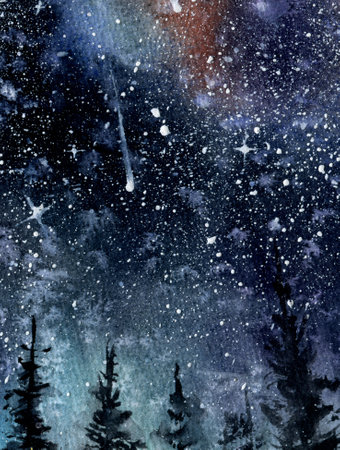 Watercolor hand drawn background of space, stars, constellation, nebula. Large resolution texture for the design of postcards, backdrops, websites, postersの写真素材