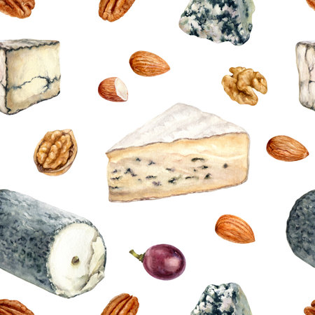 Seamless pattern with cheese and nuts. Hand drawn watercolor illustrationの写真素材