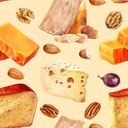 Seamless pattern with cheese and nuts. Hand drawn watercolor illustration.の写真素材