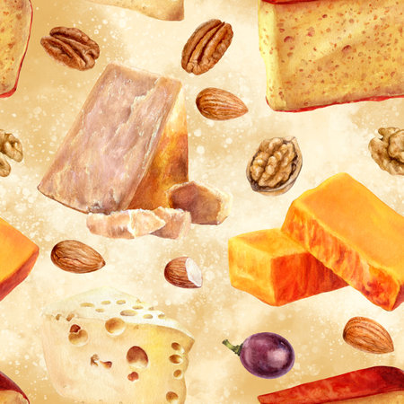 Seamless pattern with cheese and nuts. Hand drawn watercolor illustrationの写真素材