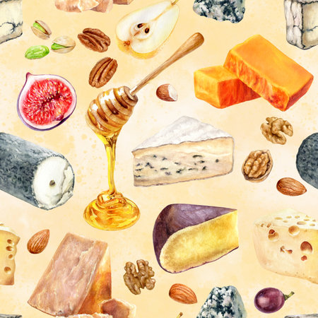 Seamless pattern with different types of cheese. Watercolor hand-drawn illustrationの写真素材