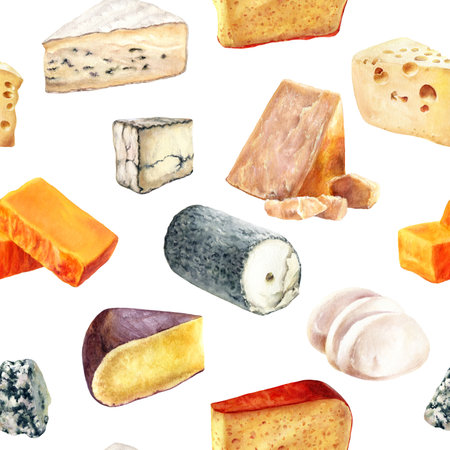 Seamless pattern with different types of cheese set . Watercolor hand-drawn illustration.の写真素材