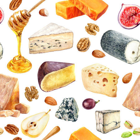 Seamless pattern with different types of cheese set with nuts, fruits and honey. Watercolor hand-drawn illustration.の写真素材