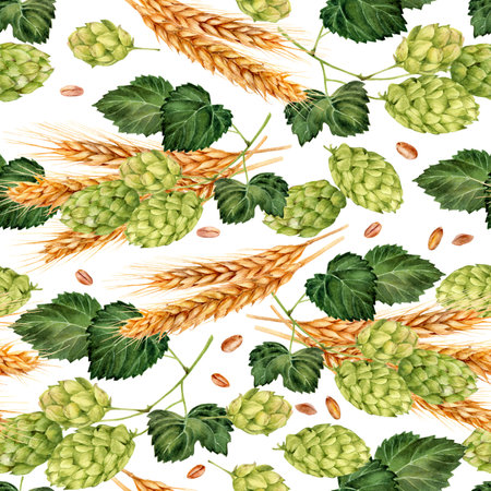 Seamless pattern with hop cones. Hand drawn watercolor illustrationの写真素材