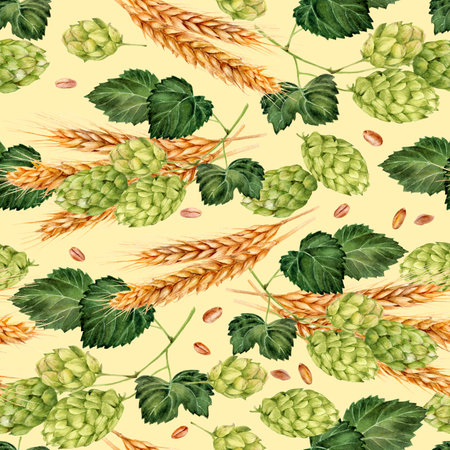 Seamless pattern with hop cones. Hand drawn watercolor illustrationの写真素材
