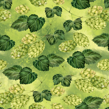 Seamless pattern with hop cones. Hand drawn watercolor illustrationの写真素材