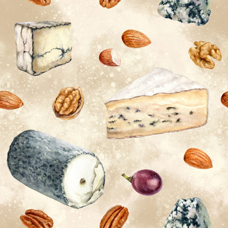 Seamless pattern with cheese and nuts. Hand drawn watercolor illustrationの写真素材