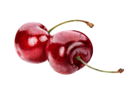 Close-up view watercolor illustration of a black cherries, isolated on white background.の写真素材